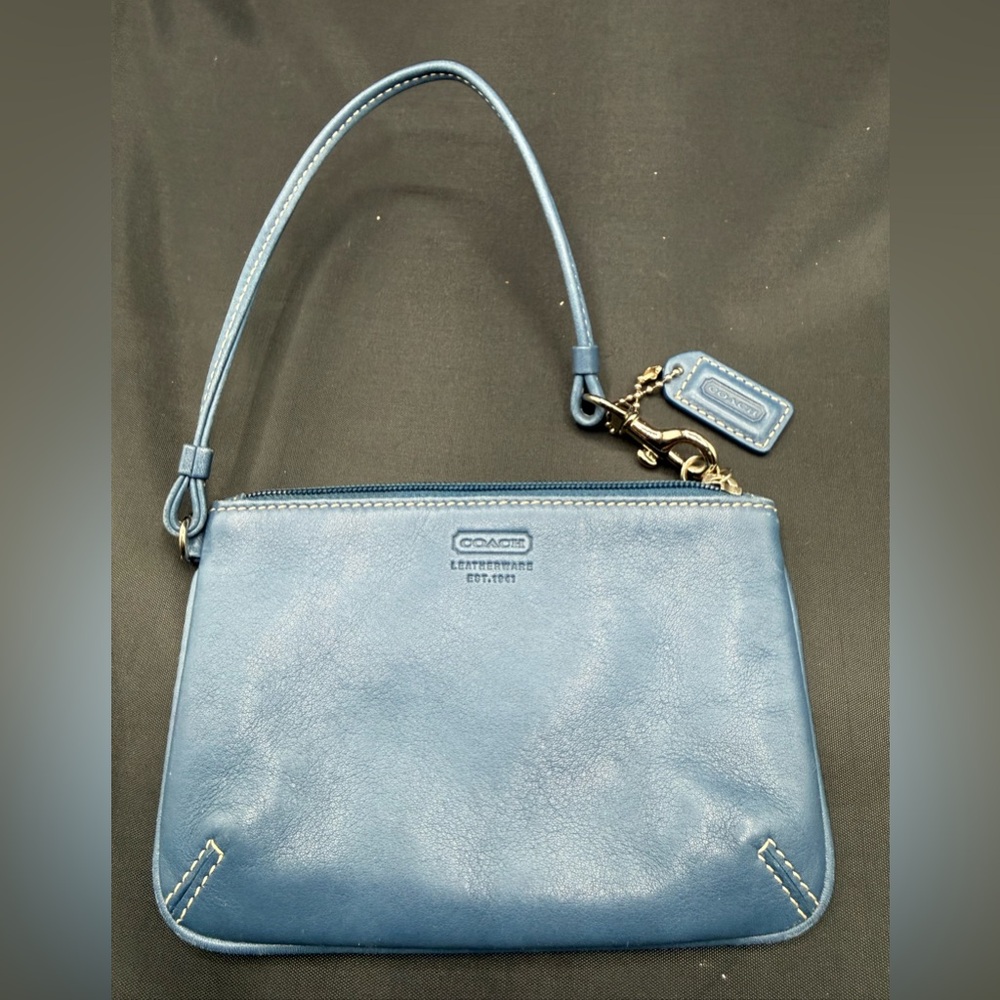 Coach Blue Leather Wristlet with Gold Hardware